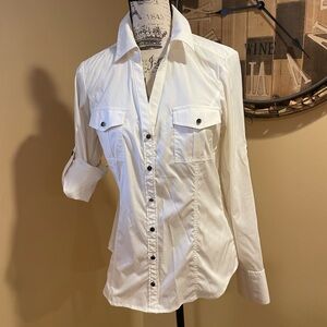 EXPRESS Cream classic blouse w/black button detail M